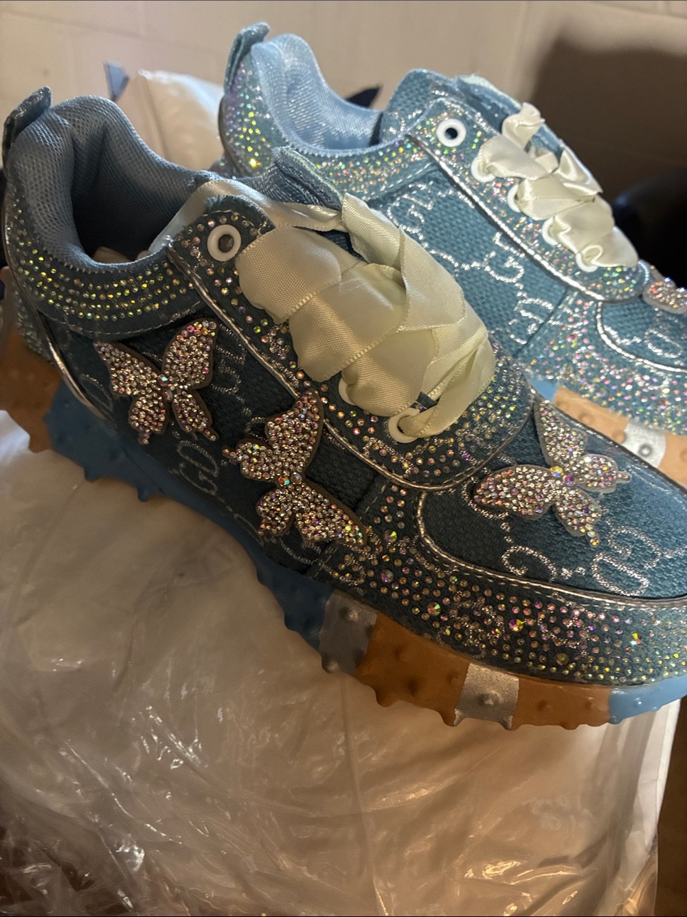 Embellished Light Blue Butterfly Rhinestone Sneakers for Women